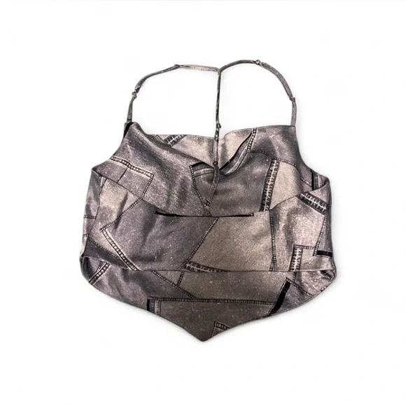 4th + Reckless Denim Print Cowl Neck Silk Top - Size S - Picture 5 of 6